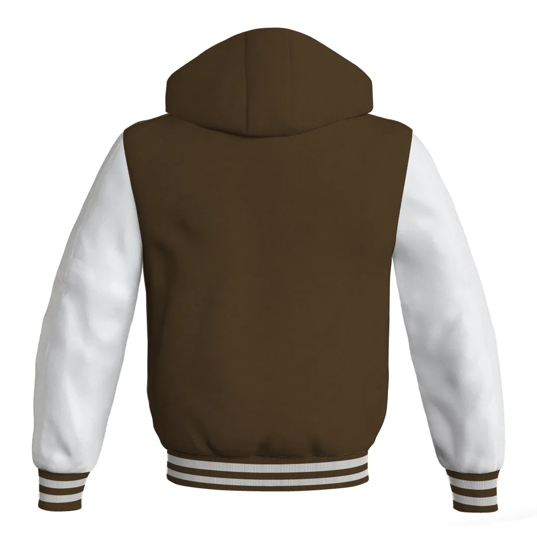 Hooded Bomber Women Brown Body and White Leather Sleeves Custom Hoodies