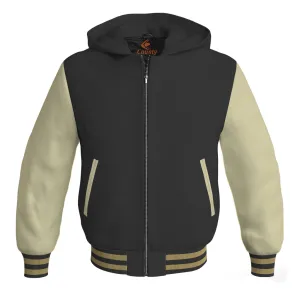 Hoodies For Men Black Body and Cream Leather Sleeves Varsity Hoodie