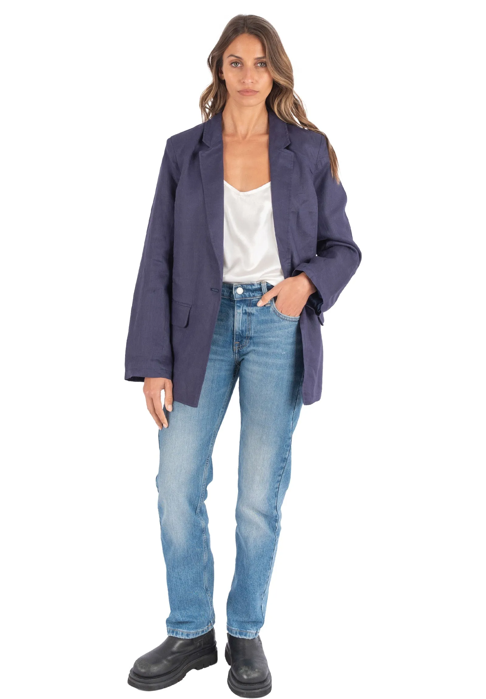 Jackie Blue Oversized Blazer in Pure Linen