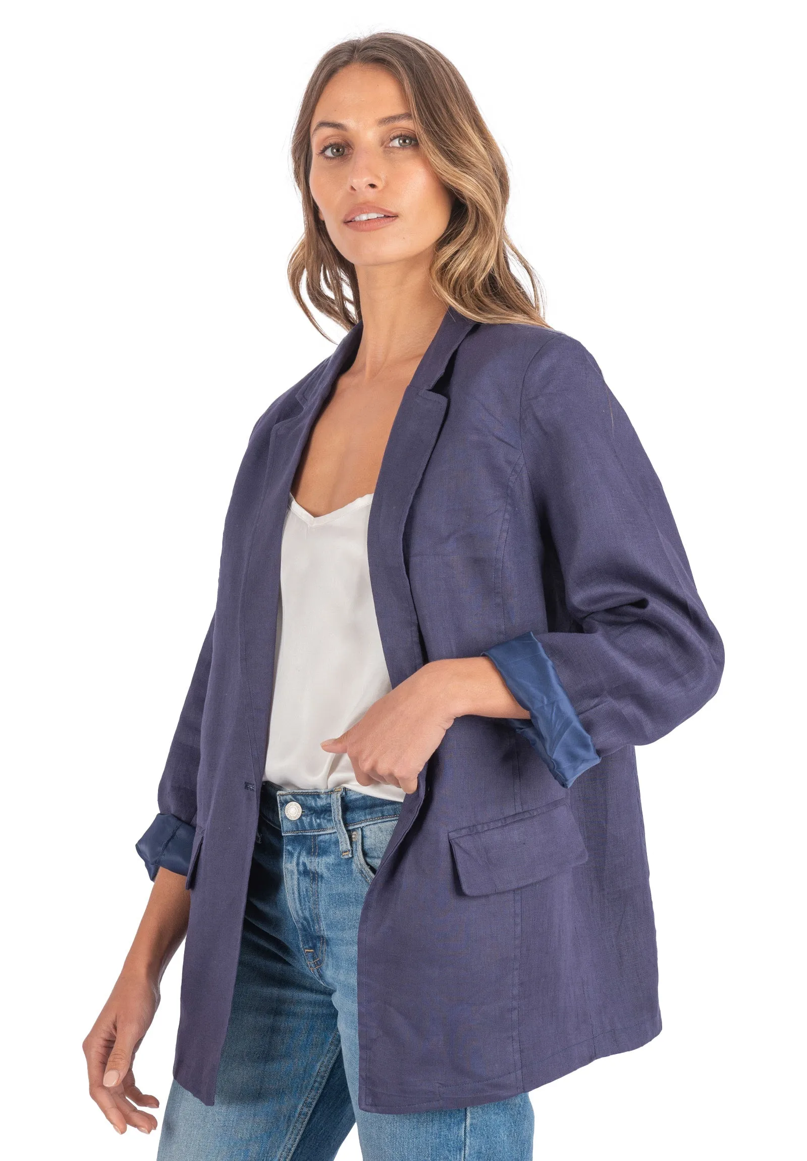 Jackie Blue Oversized Blazer in Pure Linen