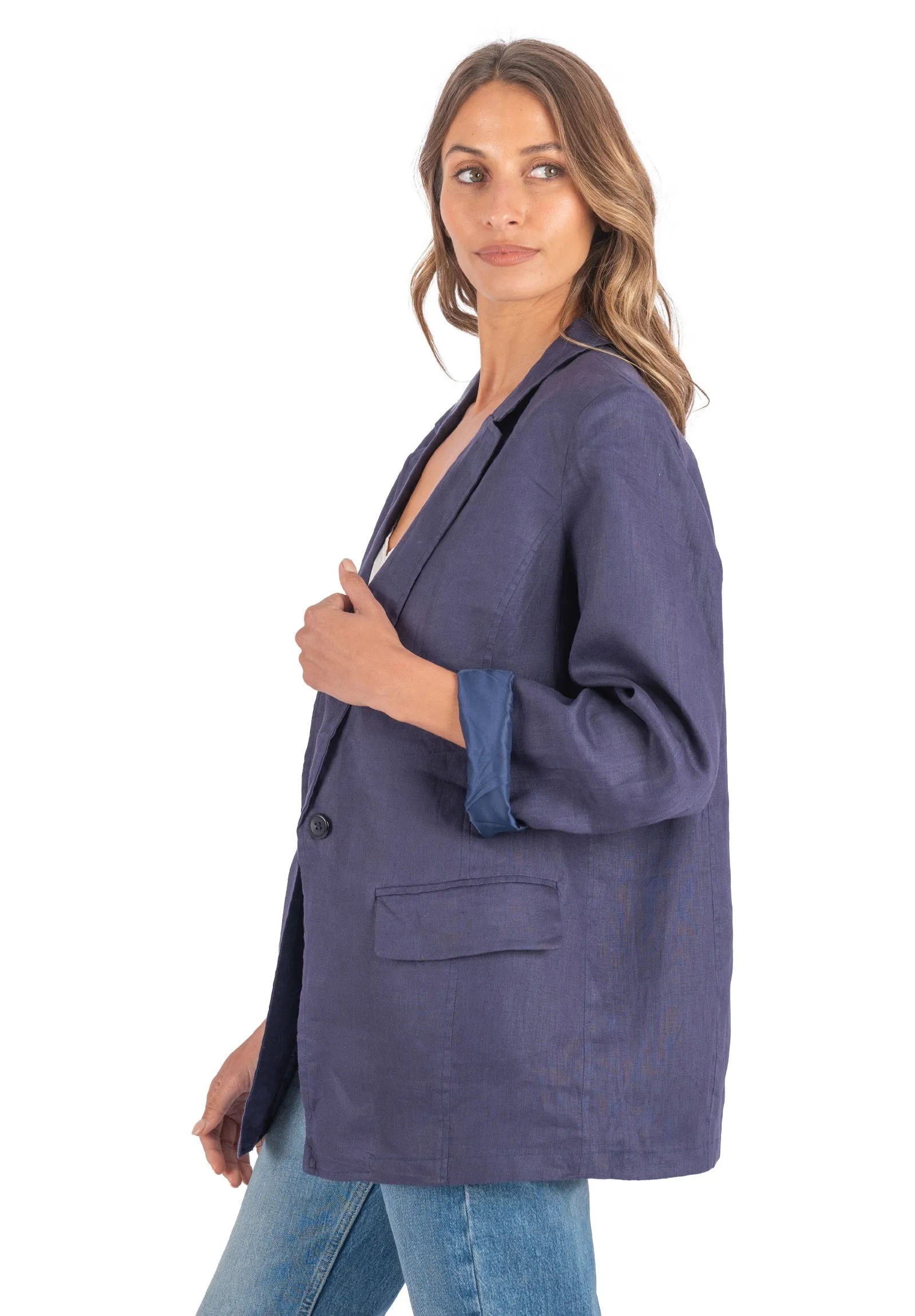 Jackie Blue Oversized Blazer in Pure Linen