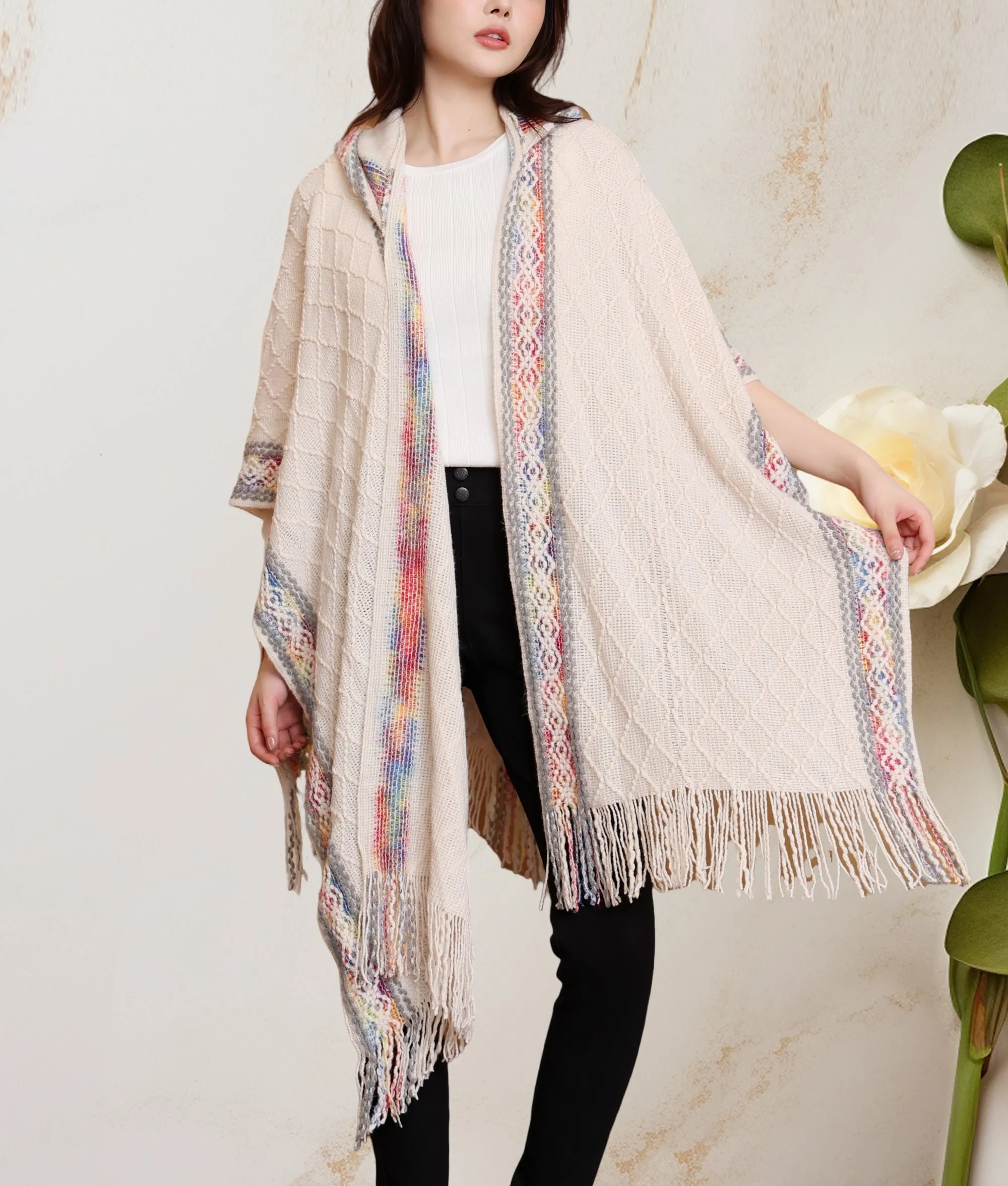 JC063340 Beige-Multi Rainbow-Edged Hooded Open-Front Poncho