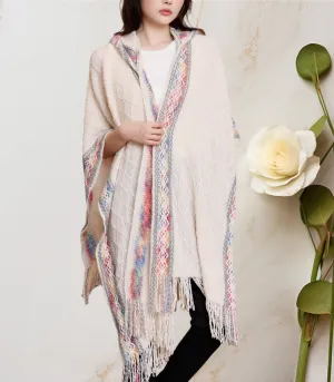 JC063340 Beige-Multi Rainbow-Edged Hooded Open-Front Poncho