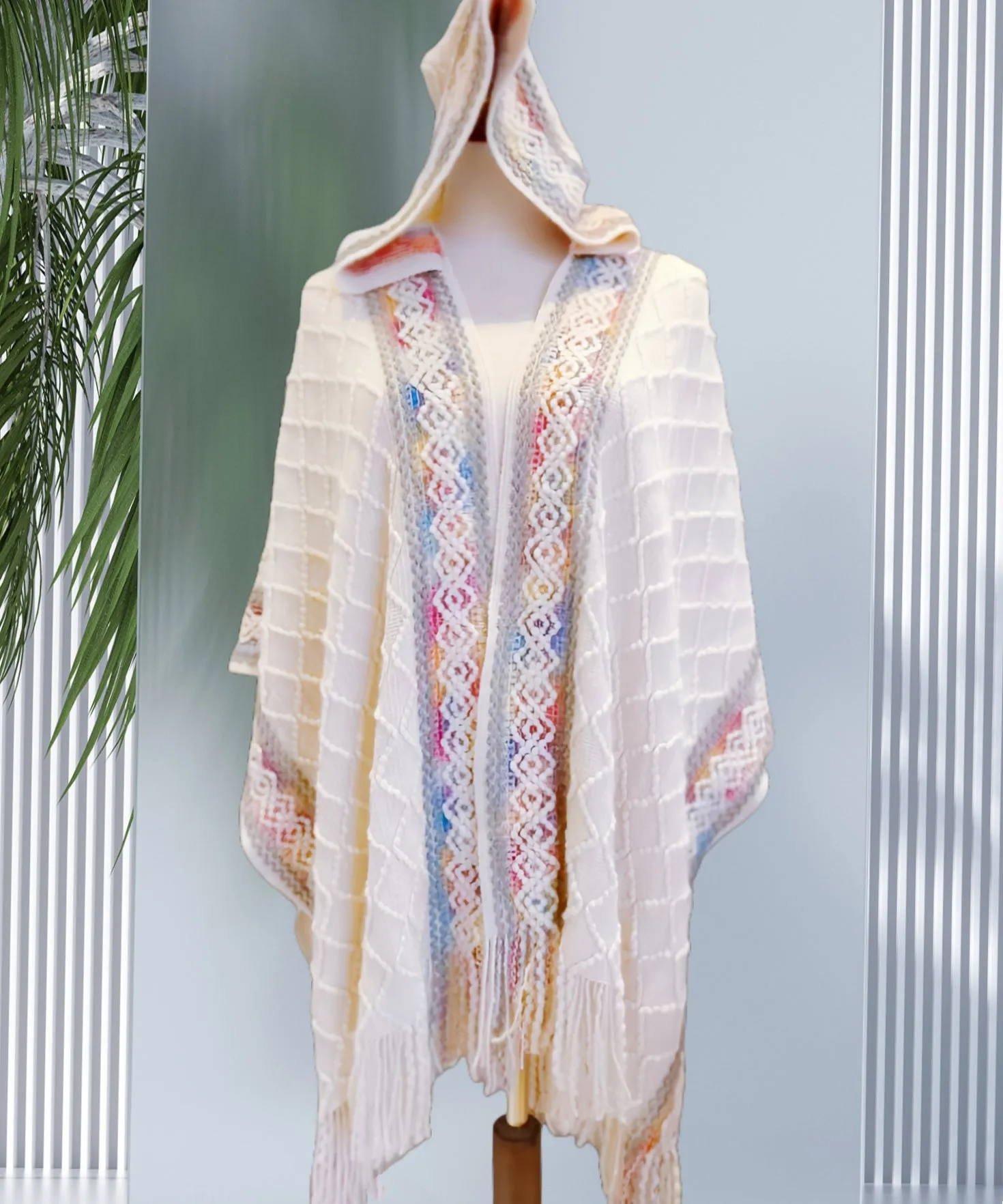 JC063340 Beige-Multi Rainbow-Edged Hooded Open-Front Poncho