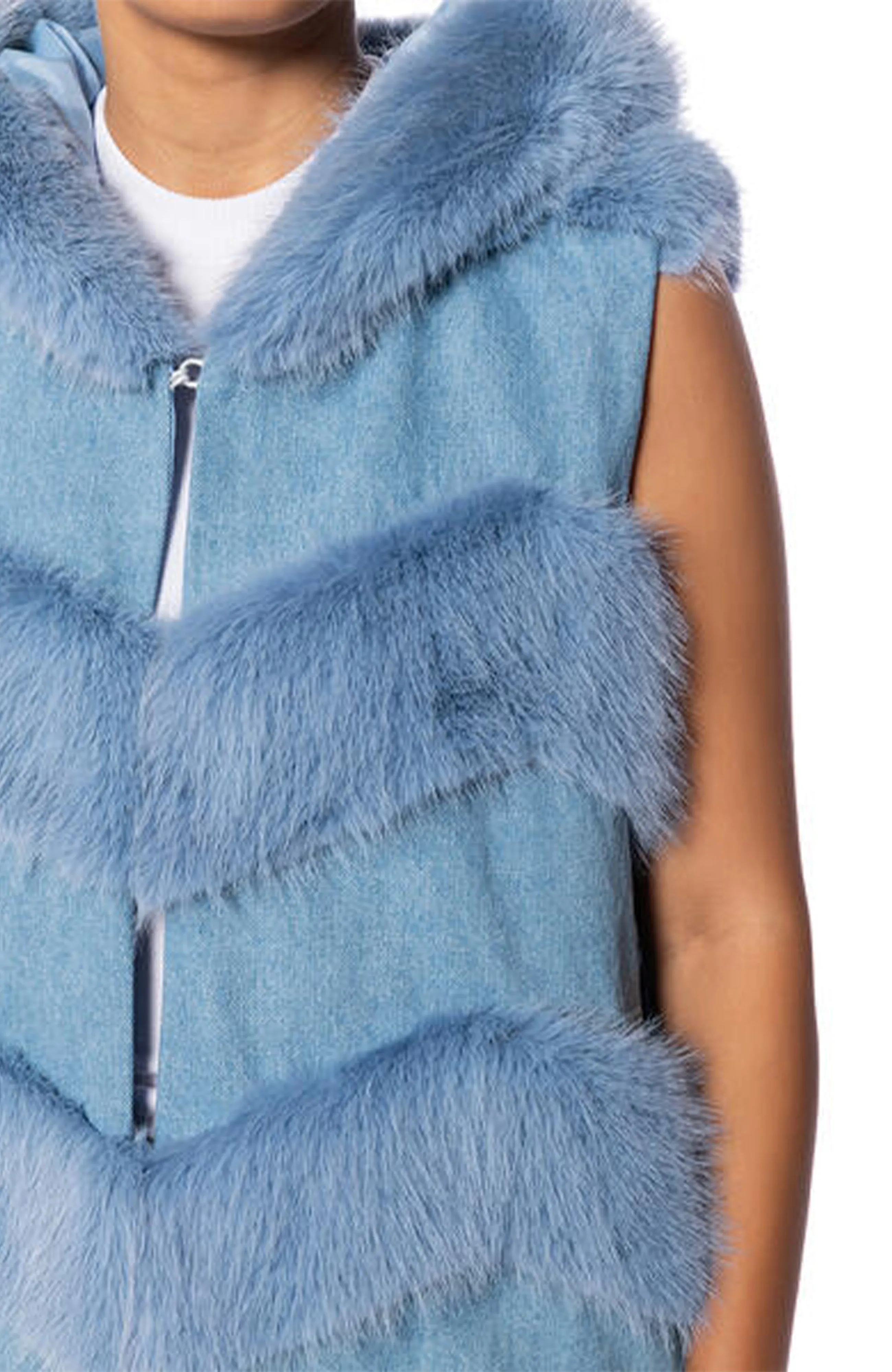 JEMI BLUE CHEVRON FAUX FUR TRENCH VEST