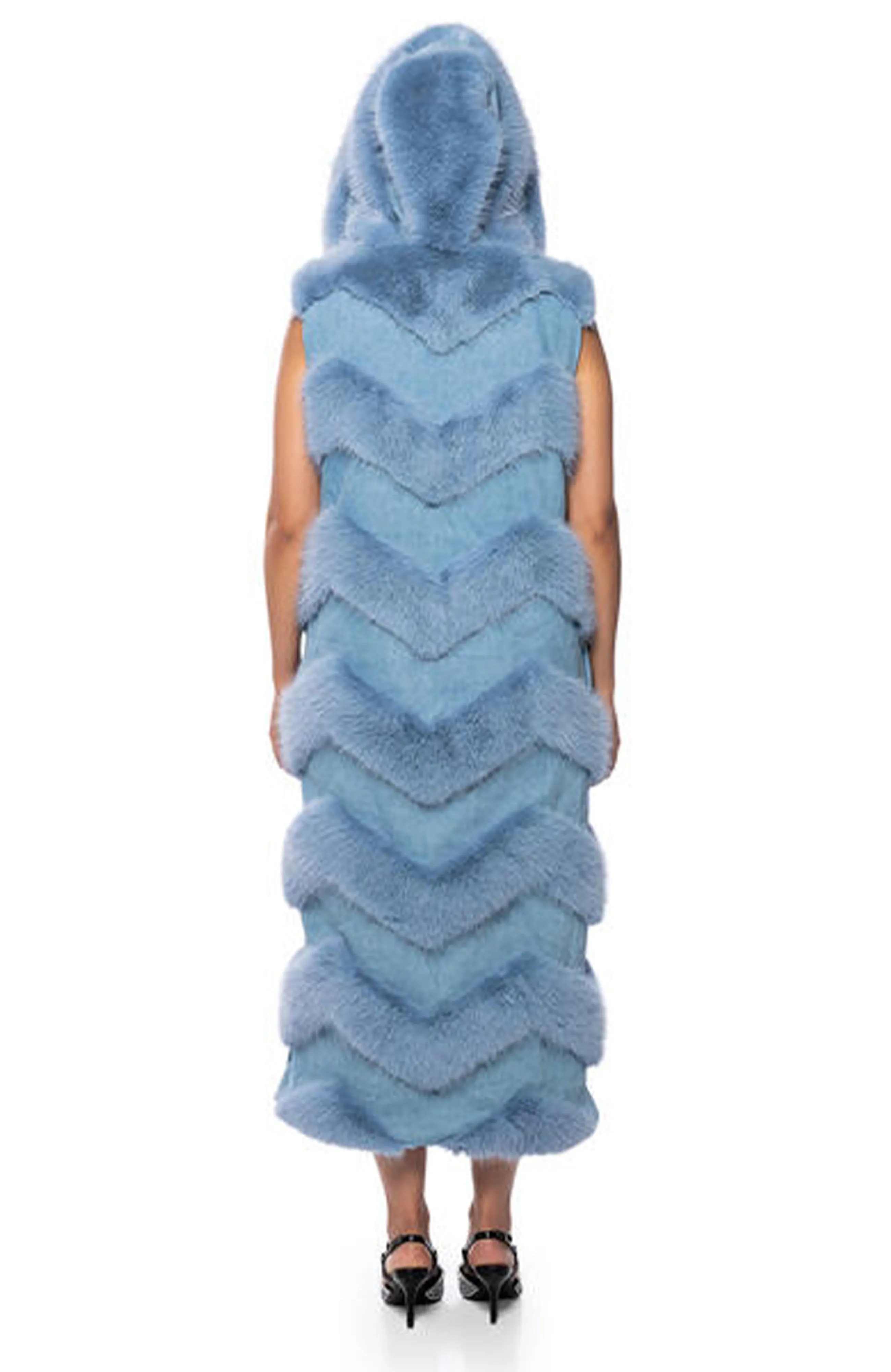 JEMI BLUE CHEVRON FAUX FUR TRENCH VEST