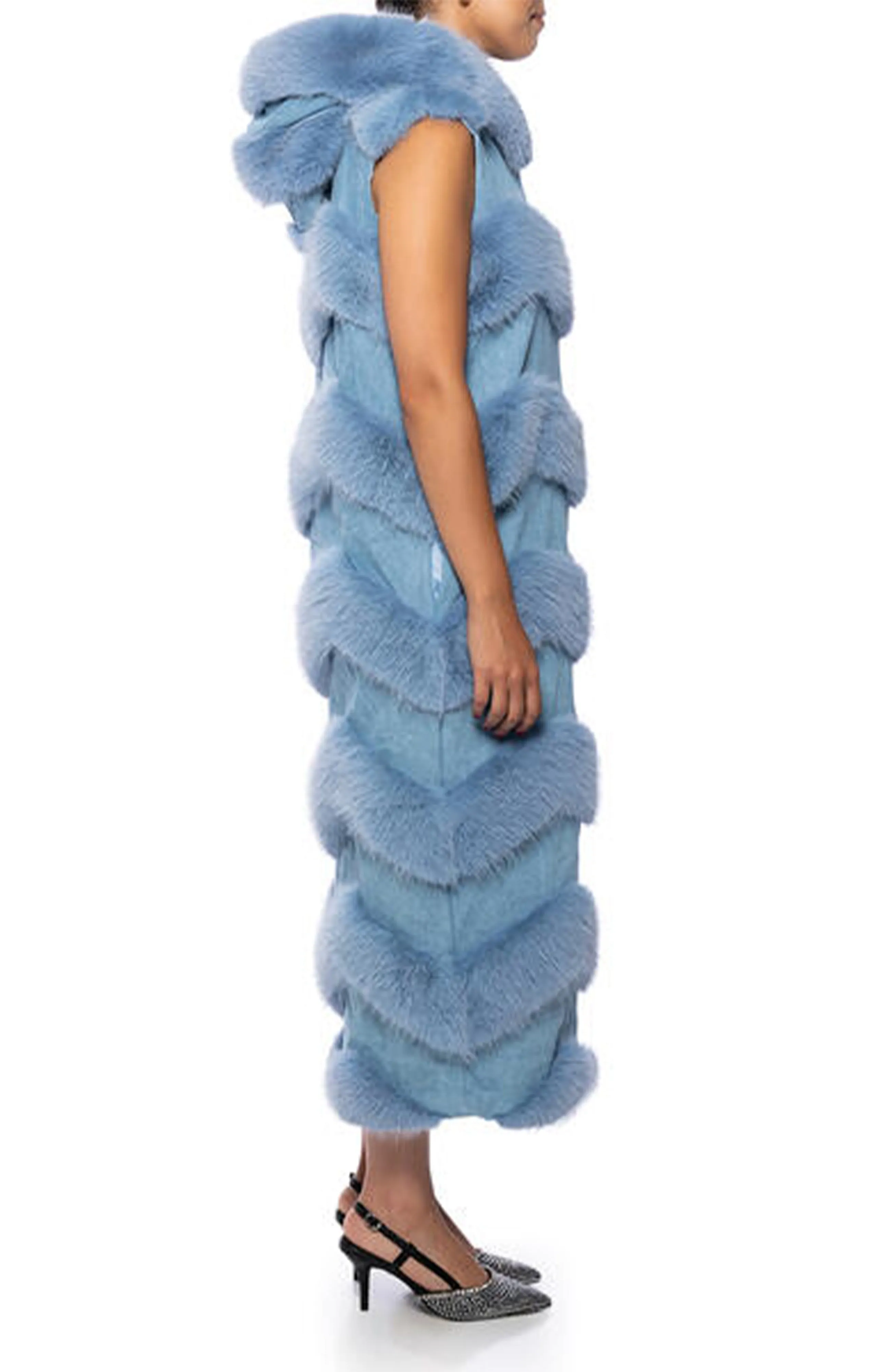 JEMI BLUE CHEVRON FAUX FUR TRENCH VEST