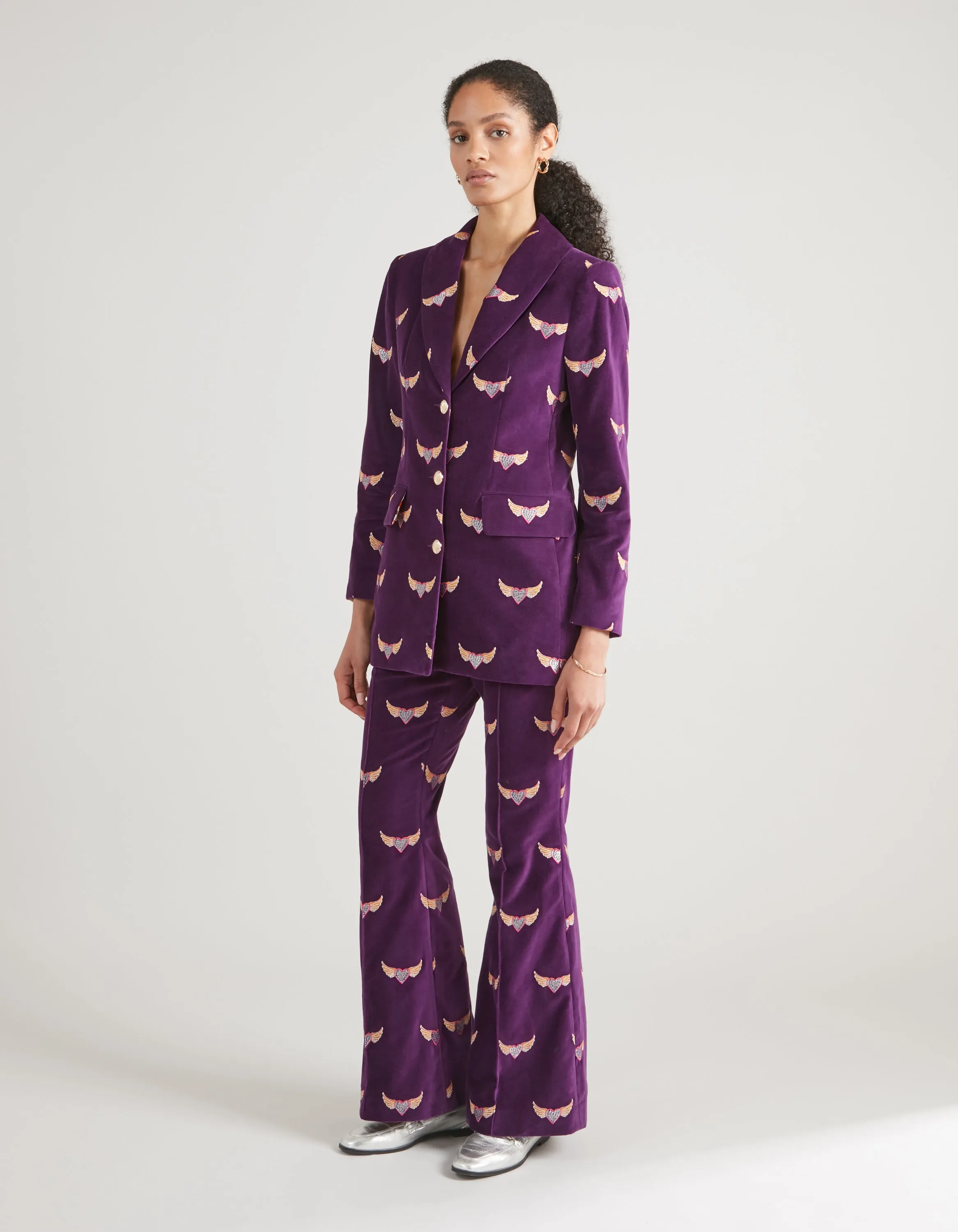 Kelly Purple Flying Hearts Embroidered Velvet Trousers