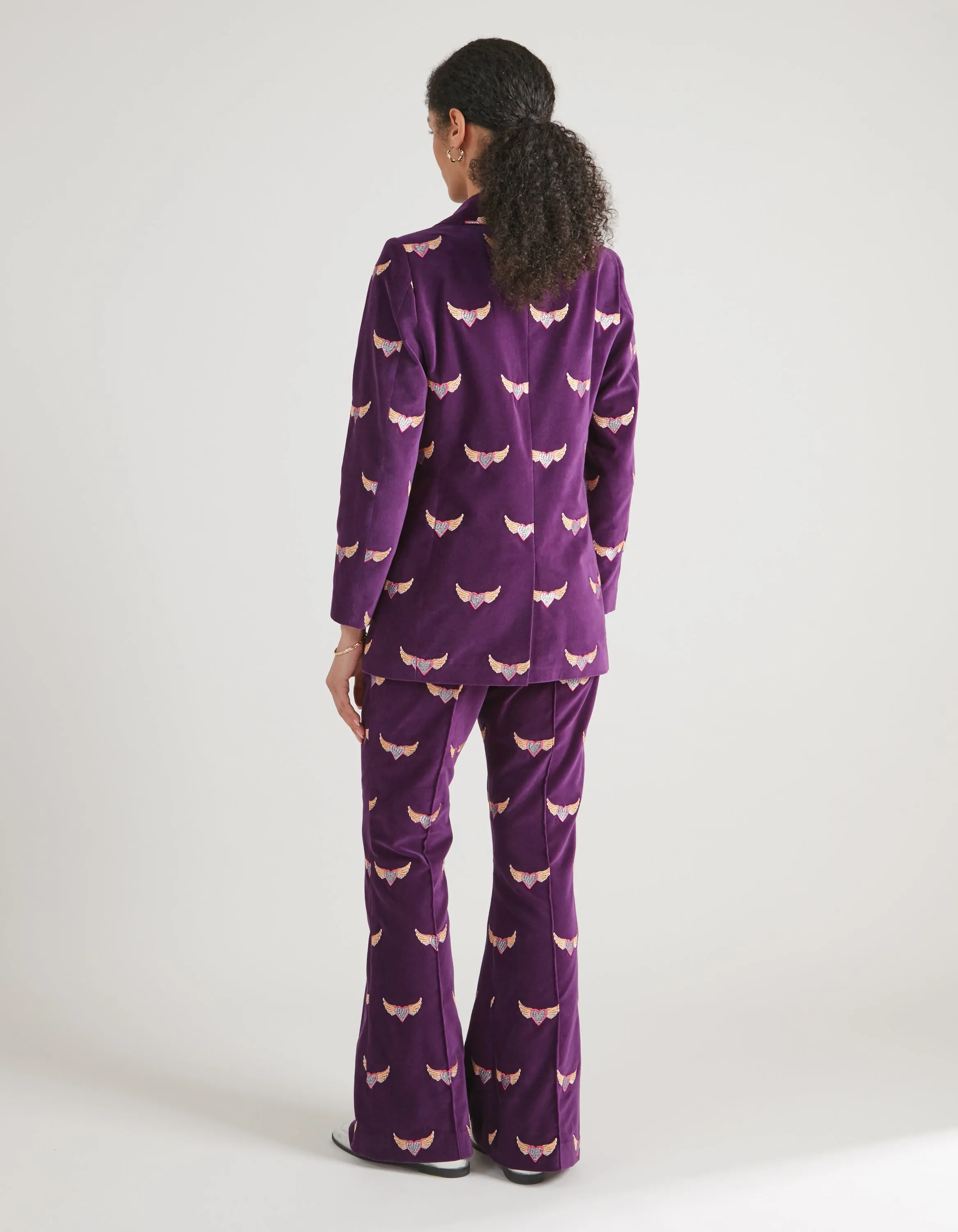 Kelly Purple Flying Hearts Embroidered Velvet Trousers