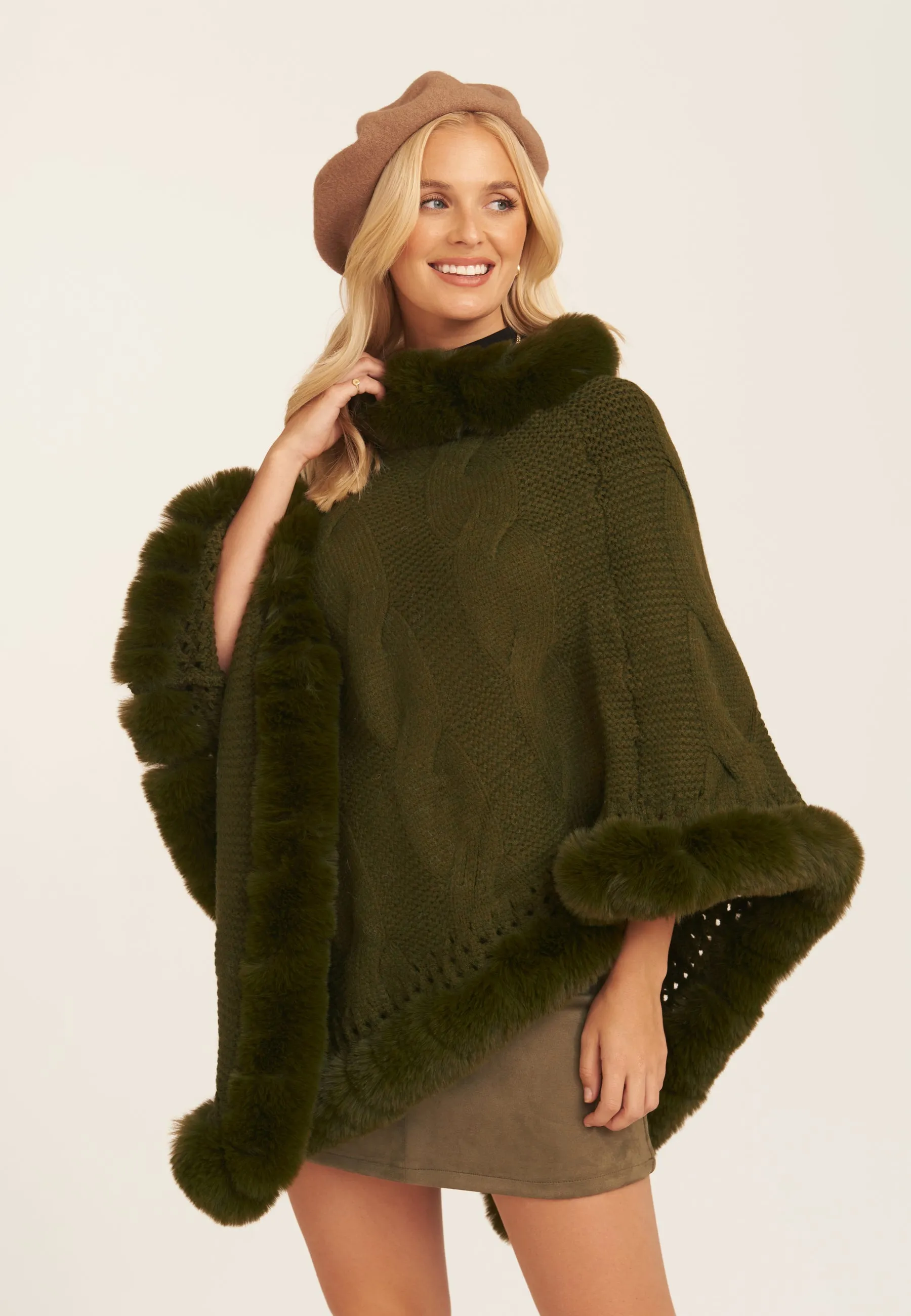 Khaki Fur Trim Knit Poncho