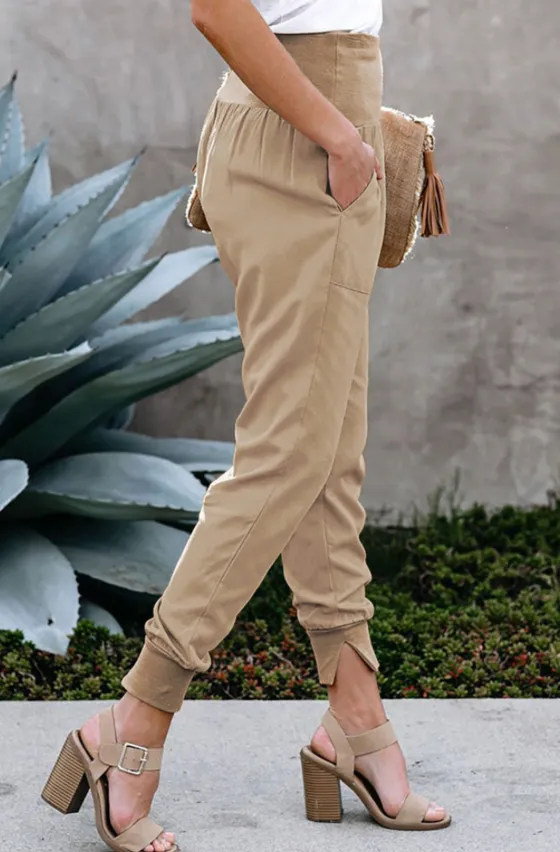 Khaki Pocketed Waistband Split High Waist Joggers