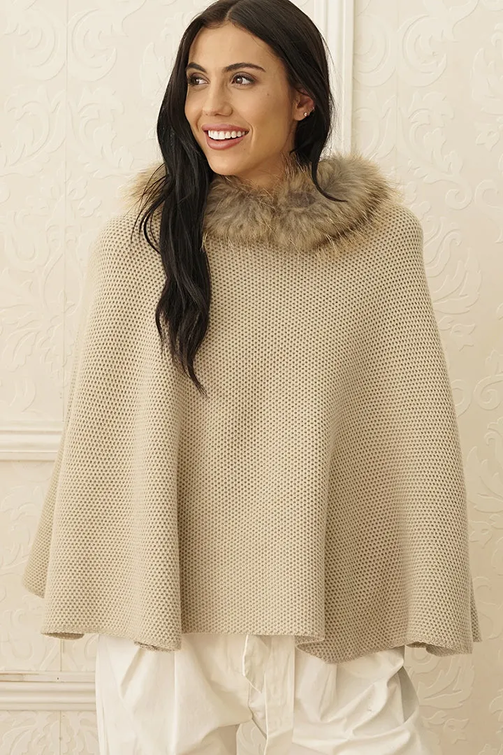 Knitted Poncho with Fur Collar