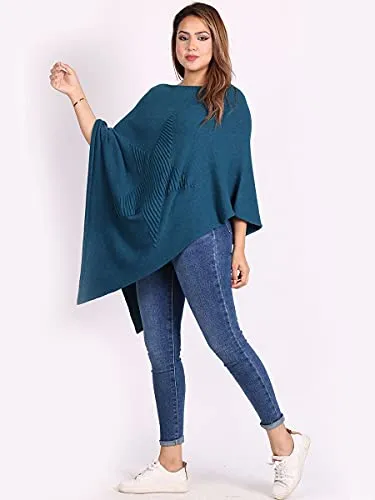 Ladies Italian Knitted  Star Poncho Womens Ribbed Star Asymmetric Hem Cape Shawl