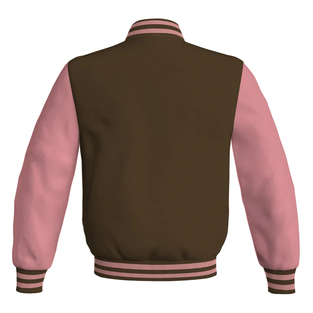 Ladies Varsity Jacket Brown Body and Pink Leather Sleeves Bomber Jacket