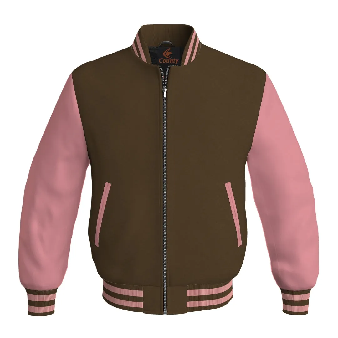 Ladies Varsity Jacket Brown Body and Pink Leather Sleeves Bomber Jacket