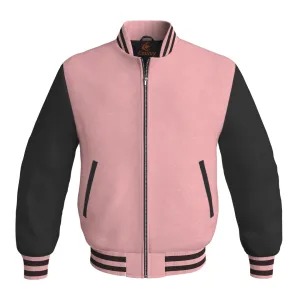 Ladies Varsity Jacket Pink Body and Black Leather Sleeves Bomber Jacket