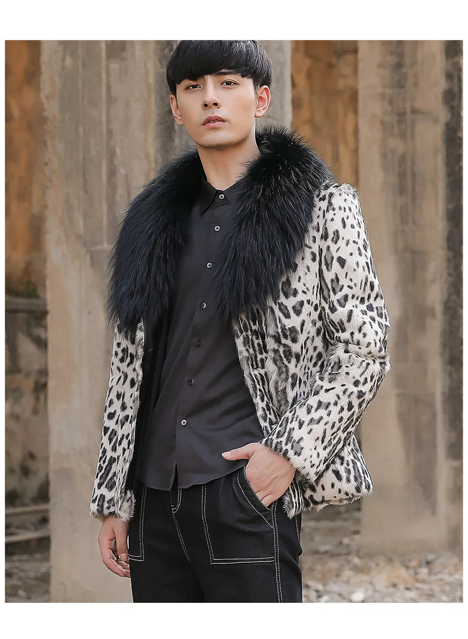 Leopard Real Shearling Fur Overcoat with Thick Fox Fur Collar