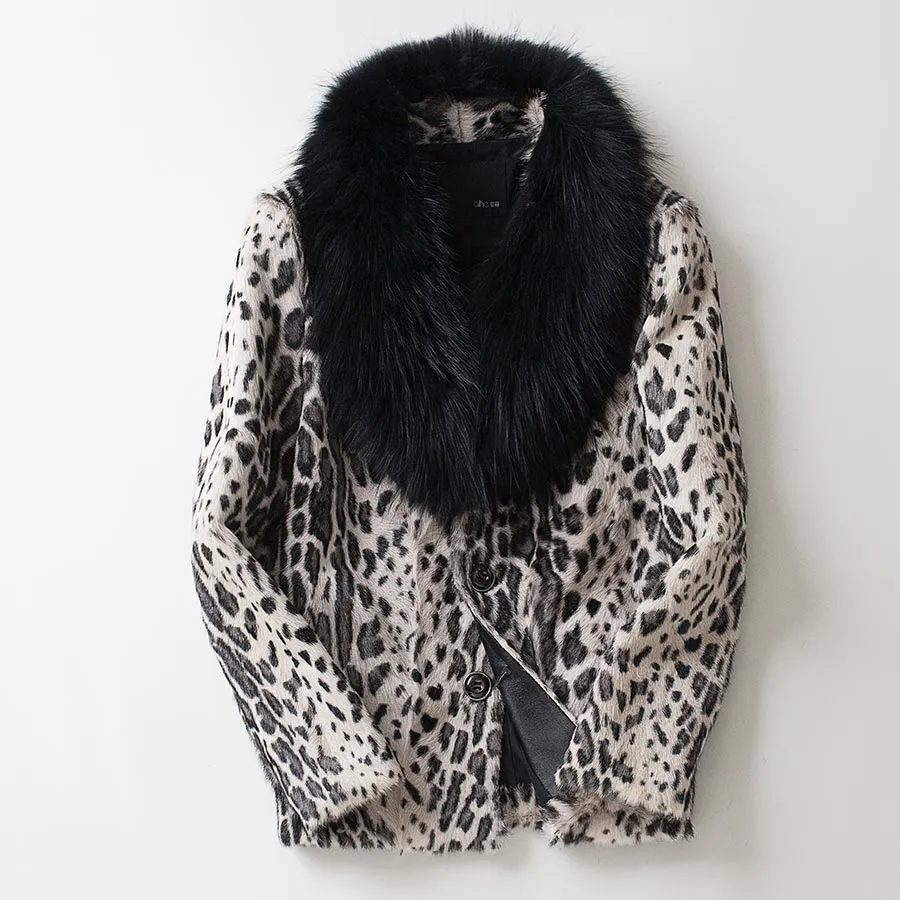 Leopard Real Shearling Fur Overcoat with Thick Fox Fur Collar