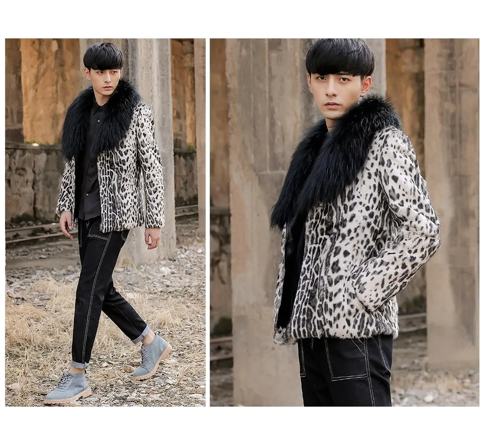 Leopard Real Shearling Fur Overcoat with Thick Fox Fur Collar