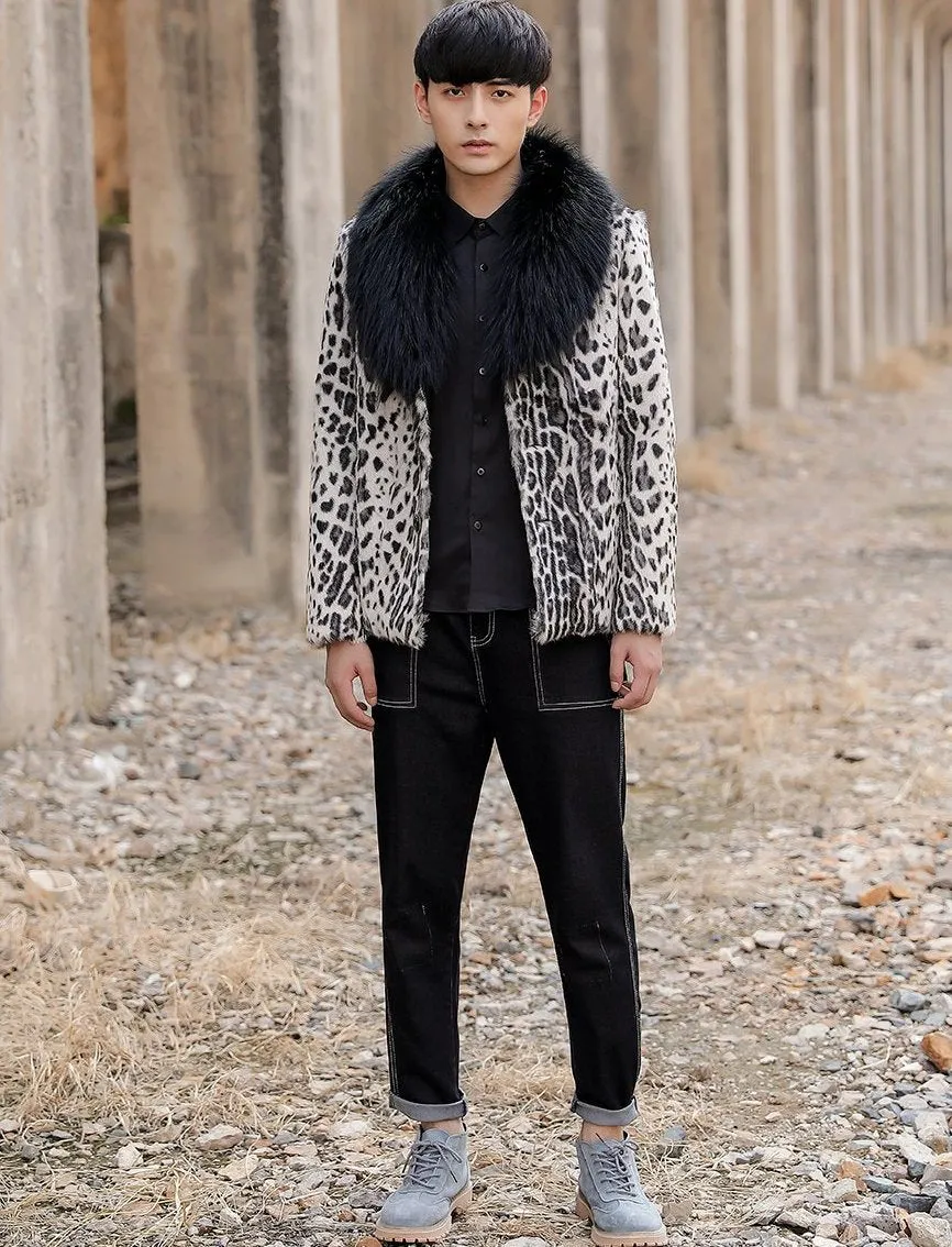 Leopard Real Shearling Fur Overcoat with Thick Fox Fur Collar