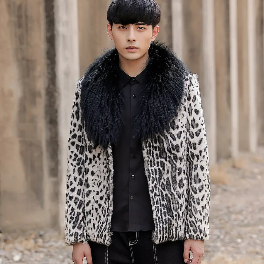 Leopard Real Shearling Fur Overcoat with Thick Fox Fur Collar