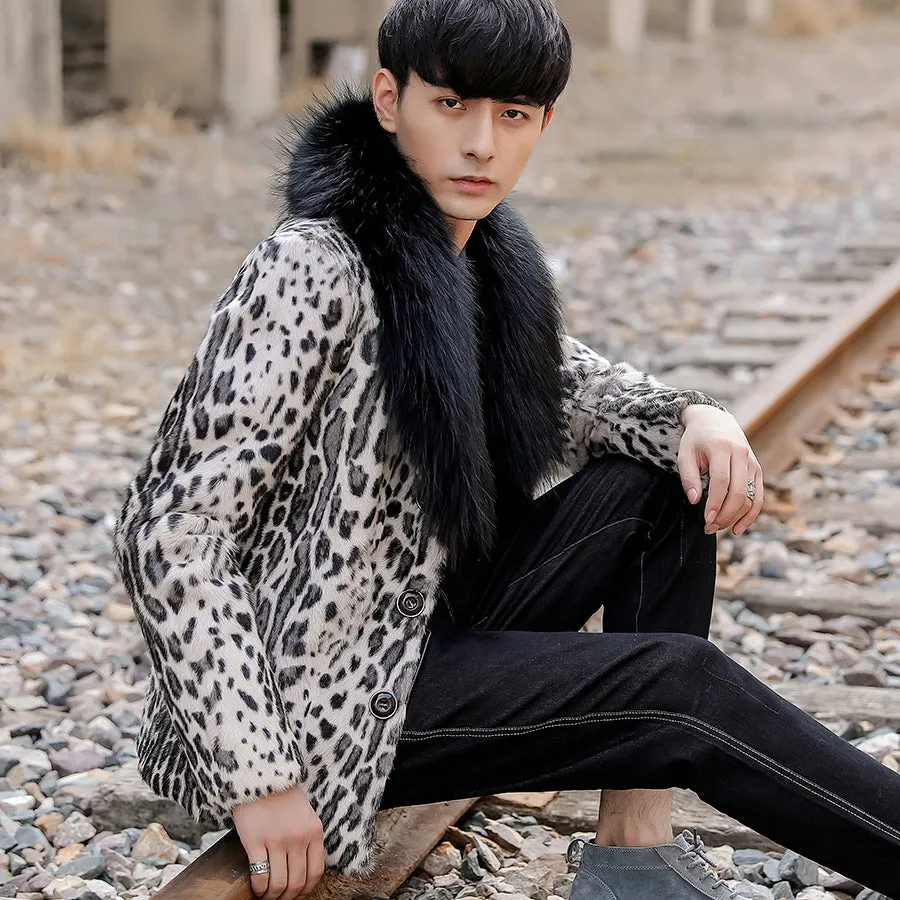 Leopard Real Shearling Fur Overcoat with Thick Fox Fur Collar