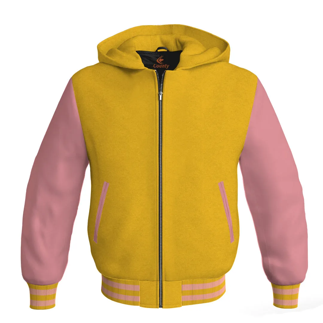 Letterman Bomber Hoodie Jacket Yellow/Gold Body Pink Leather Sleeves