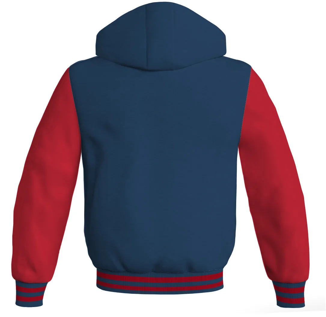 Letterman Hoodie Navy Blue Body and Red Leather Sleeves Varsity Hoodie