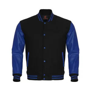 Letterman Jacket Black Body and Blue Leather Sleeves Varsity Jacket