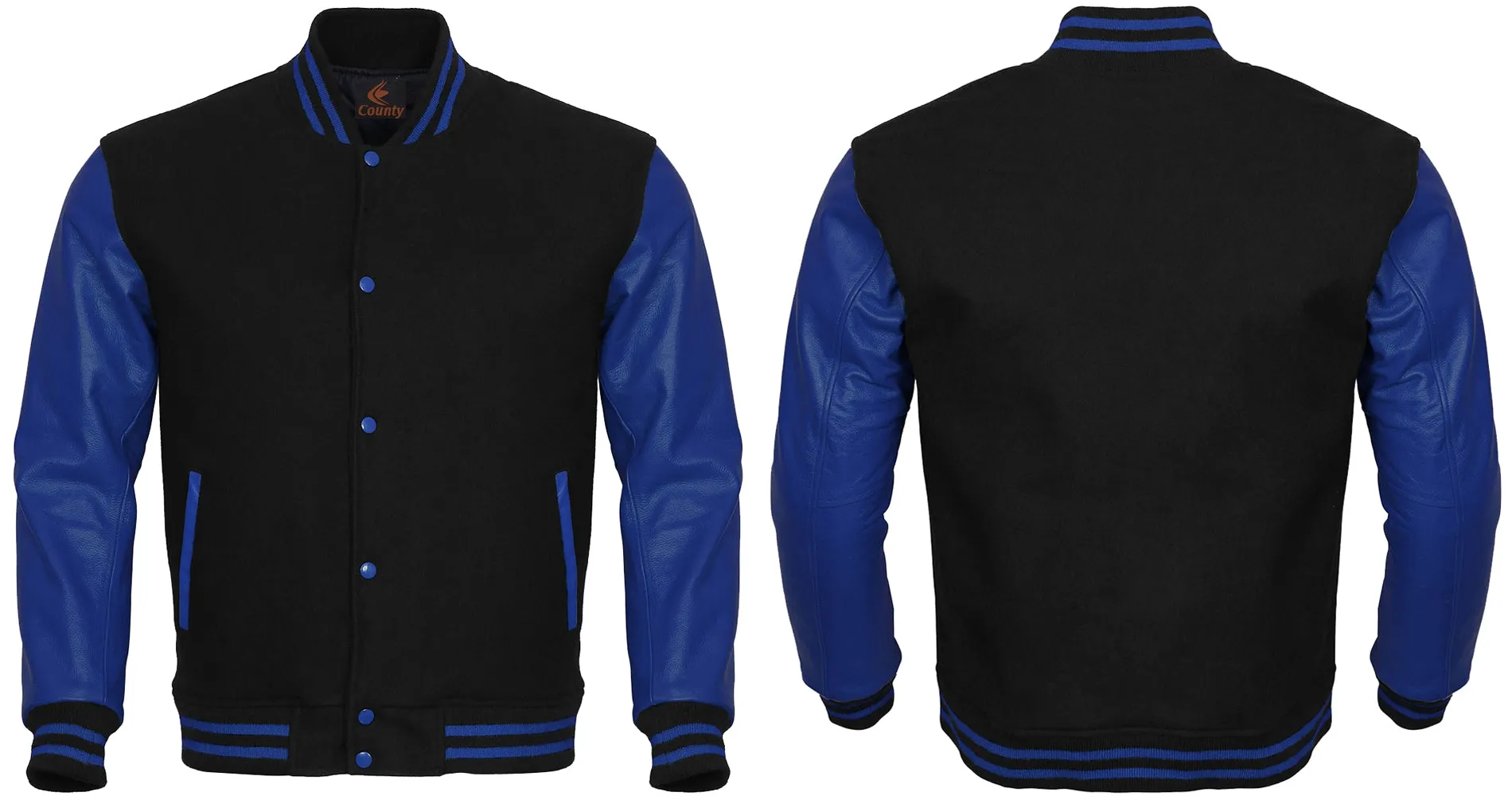 Letterman Jacket Black Body and Blue Leather Sleeves Varsity Jacket