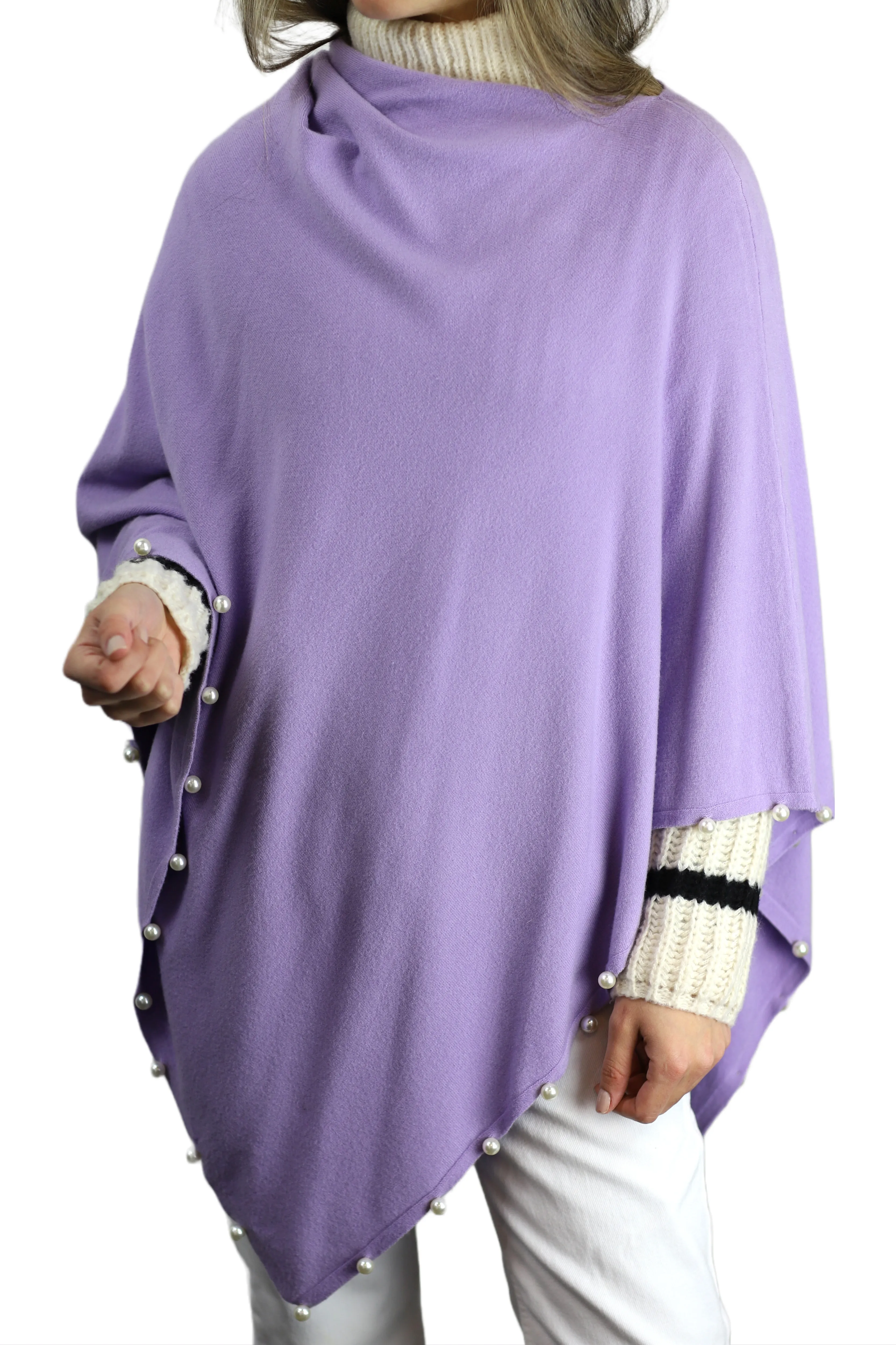 Lightweight Knitted Poncho with Pearl Trim Border