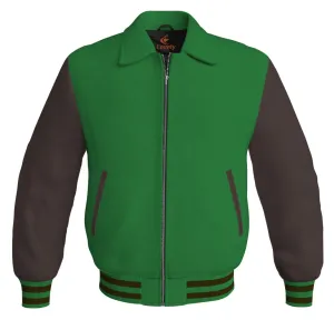 Luxury Bomber Classic Jacket Green Body and Brown Leather Sleeves