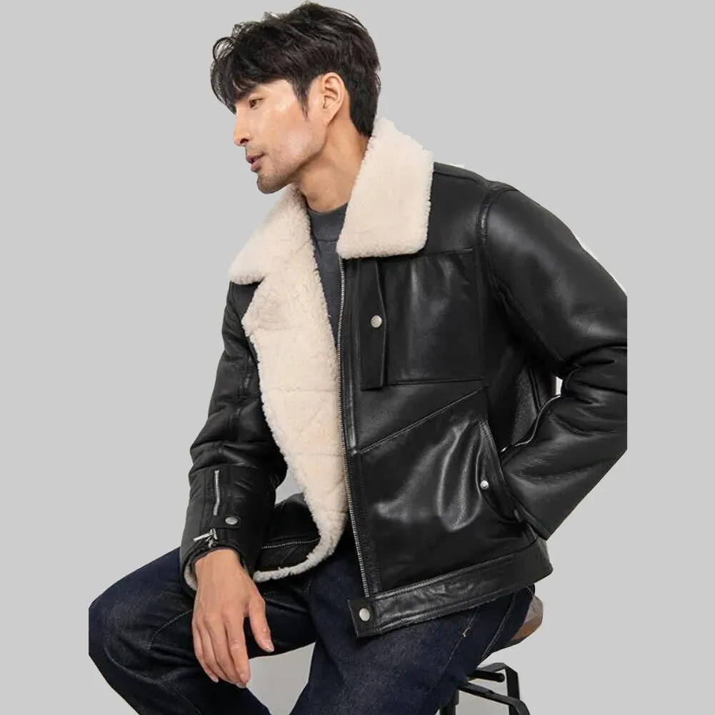 Men's Black Aviator Sheepskin Shearling Jacket - Warm Winter Coat