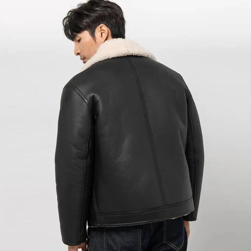 Men's Black Aviator Sheepskin Shearling Jacket - Warm Winter Coat