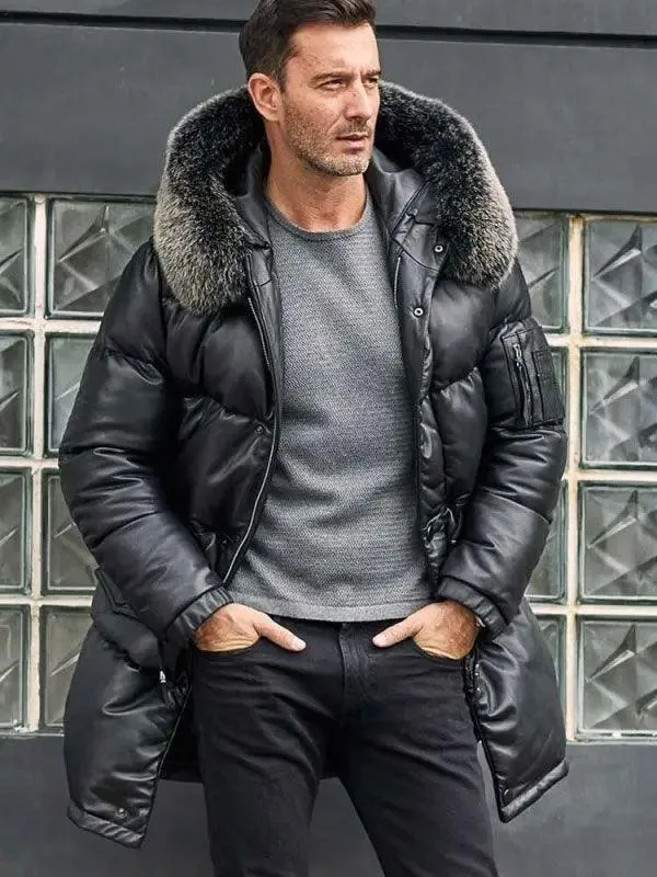 Men's Black Leather Down Jacket Long Winter Coat With Fox Fur Collar Hooded Warm Overcoat