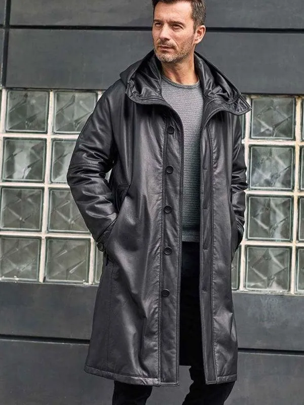 Men's Black Leather Down Jacket Long Winter Overcoat Warm Oversize Outwear