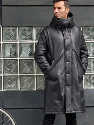 Men's Black Leather Down Jacket Long Winter Overcoat Warm Oversize Outwear