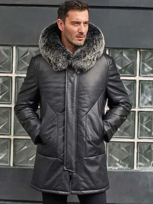 Men's Black Leather Down Jacket With Fox Fur Collar Hooded Winter Overcoat Long Warm Outwear