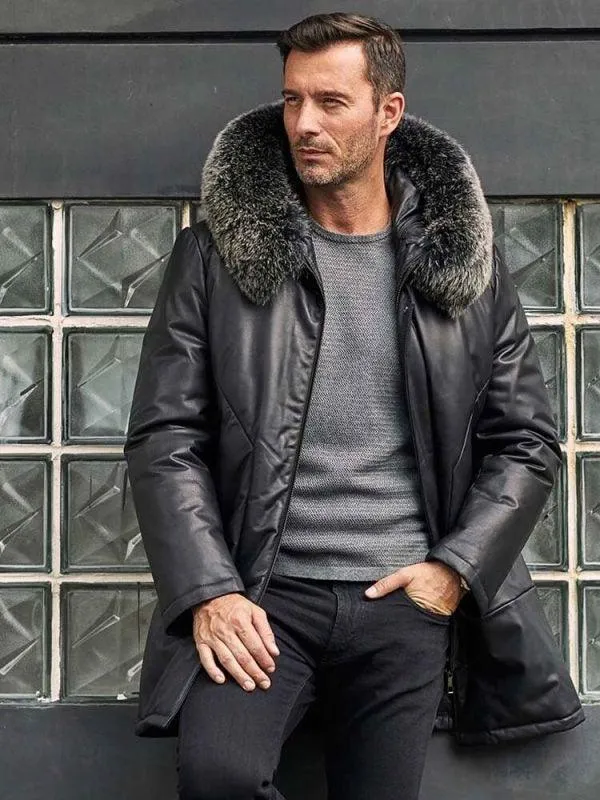 Men's Black Leather Down Jacket With Fox Fur Collar Hooded Winter Overcoat Long Warm Outwear