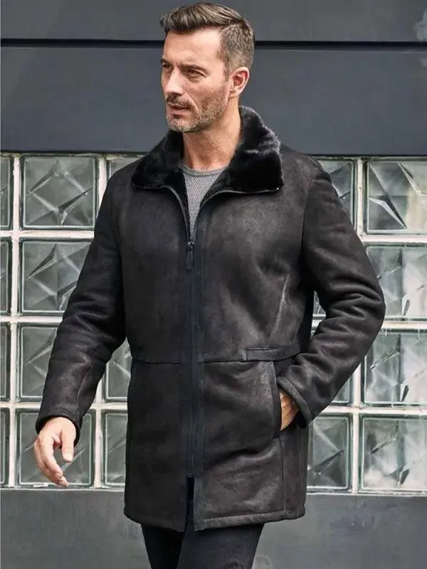 Men's Black Shearling Mink Overcoat Fur Outwear Lapel Leather Jacket Coat