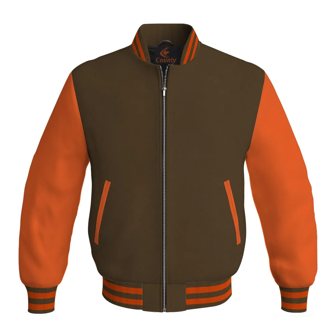 Mens Bomber Jacket Brown Body and Orange Leather Sleeves Bomber Jacket