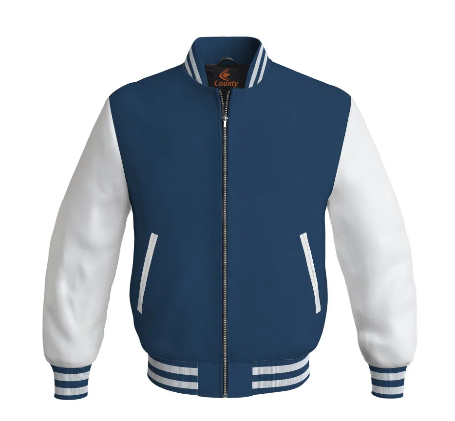 Mens Bomber Jacket Navy Blue Body and White Leather Sleeves Bomber Jacket