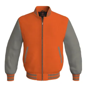 Mens Bomber Jacket Orange Body and Gray Leather Sleeves Bomber Jacket