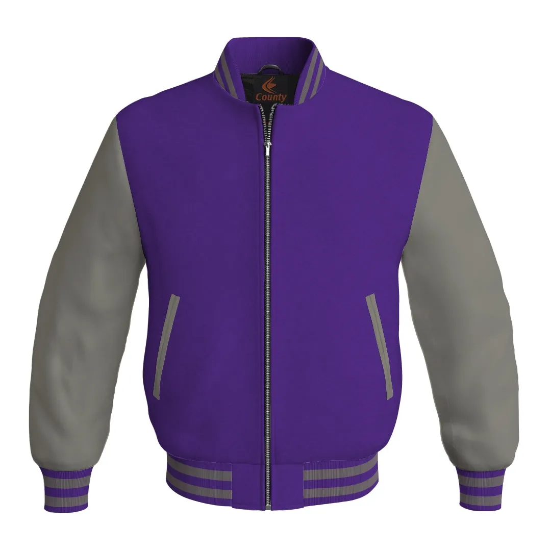 Mens Bomber Jacket Purple Body and Gray Leather Sleeves Bomber Jacket