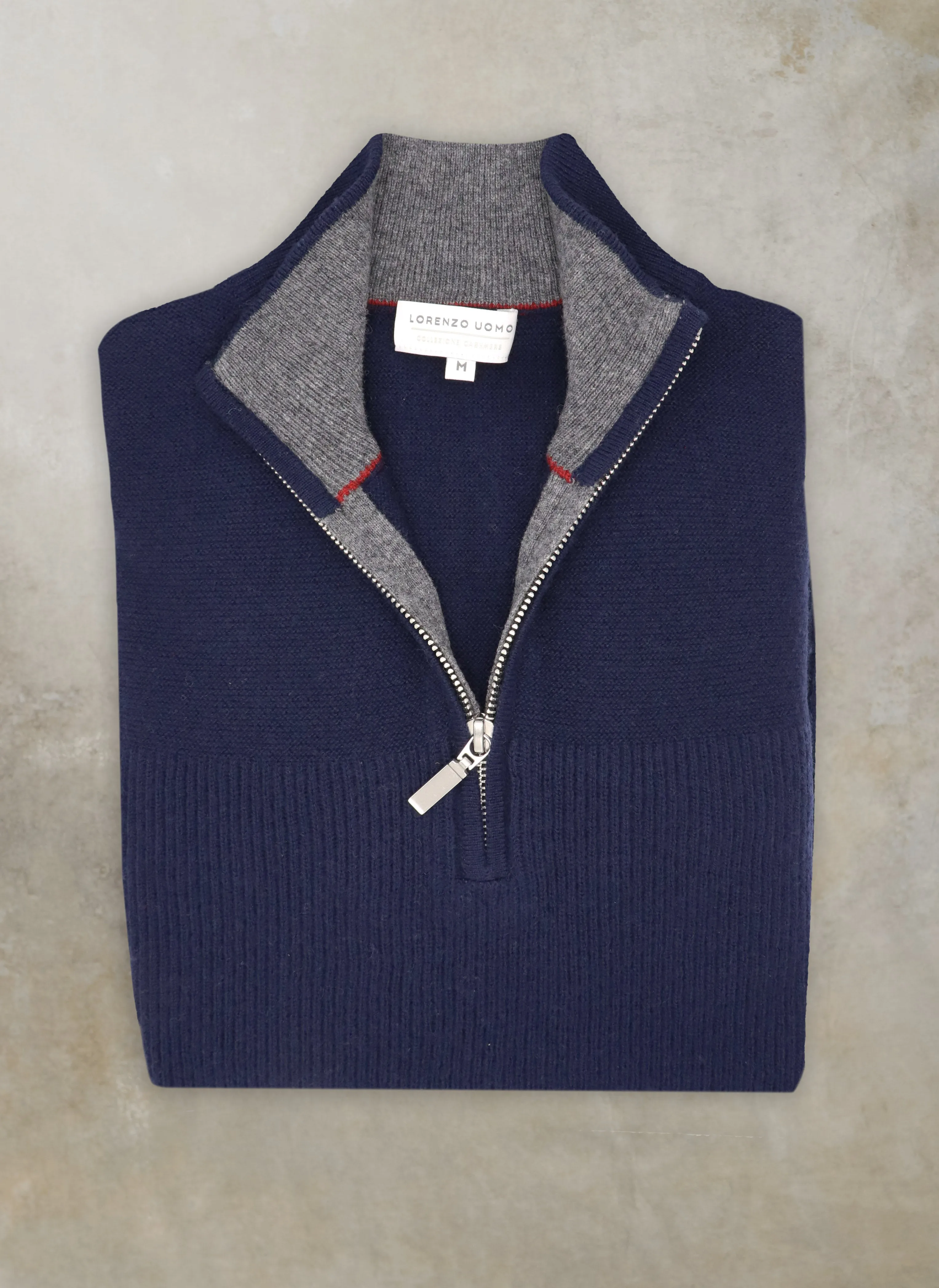 Men's Botticino Double Knit Quarter Zip Cashmere Sweater in Navy