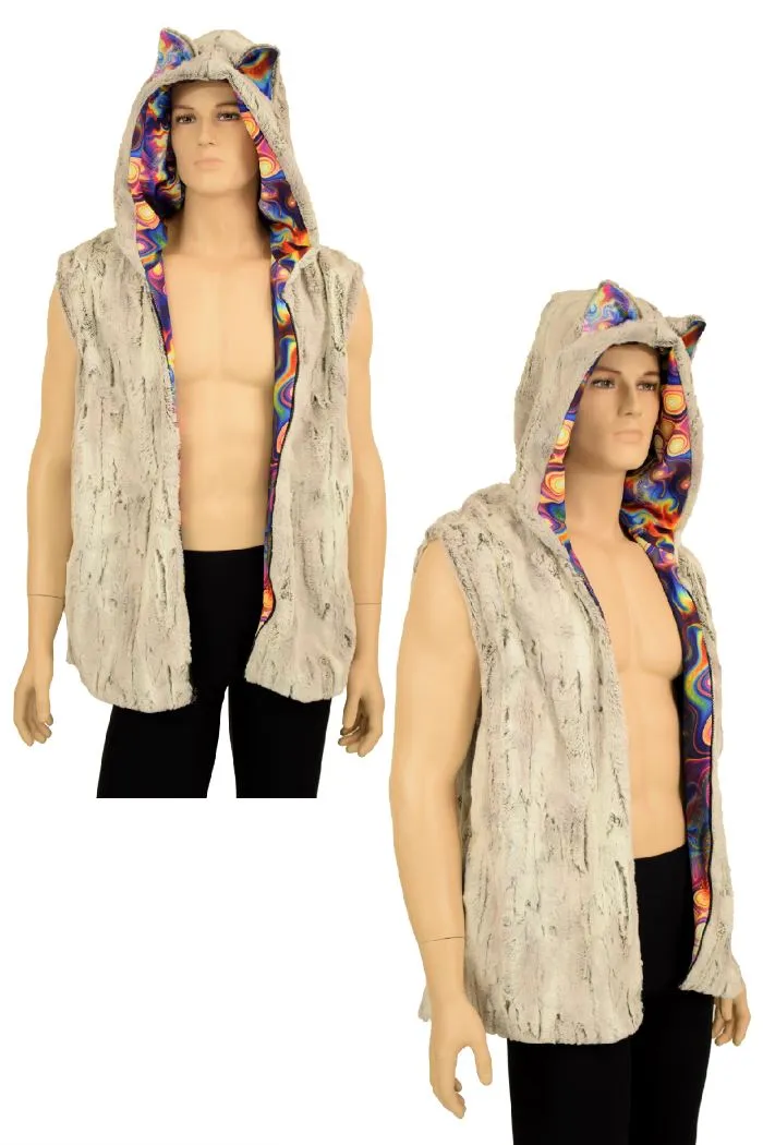 Mens Cat Ear Minky Faux Fur Hooded Vest