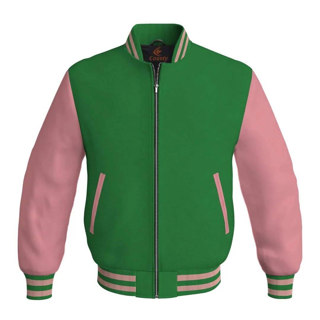 Mens Letterman Jacket Green Body and Pink Leather Sleeves Bomber Jacket