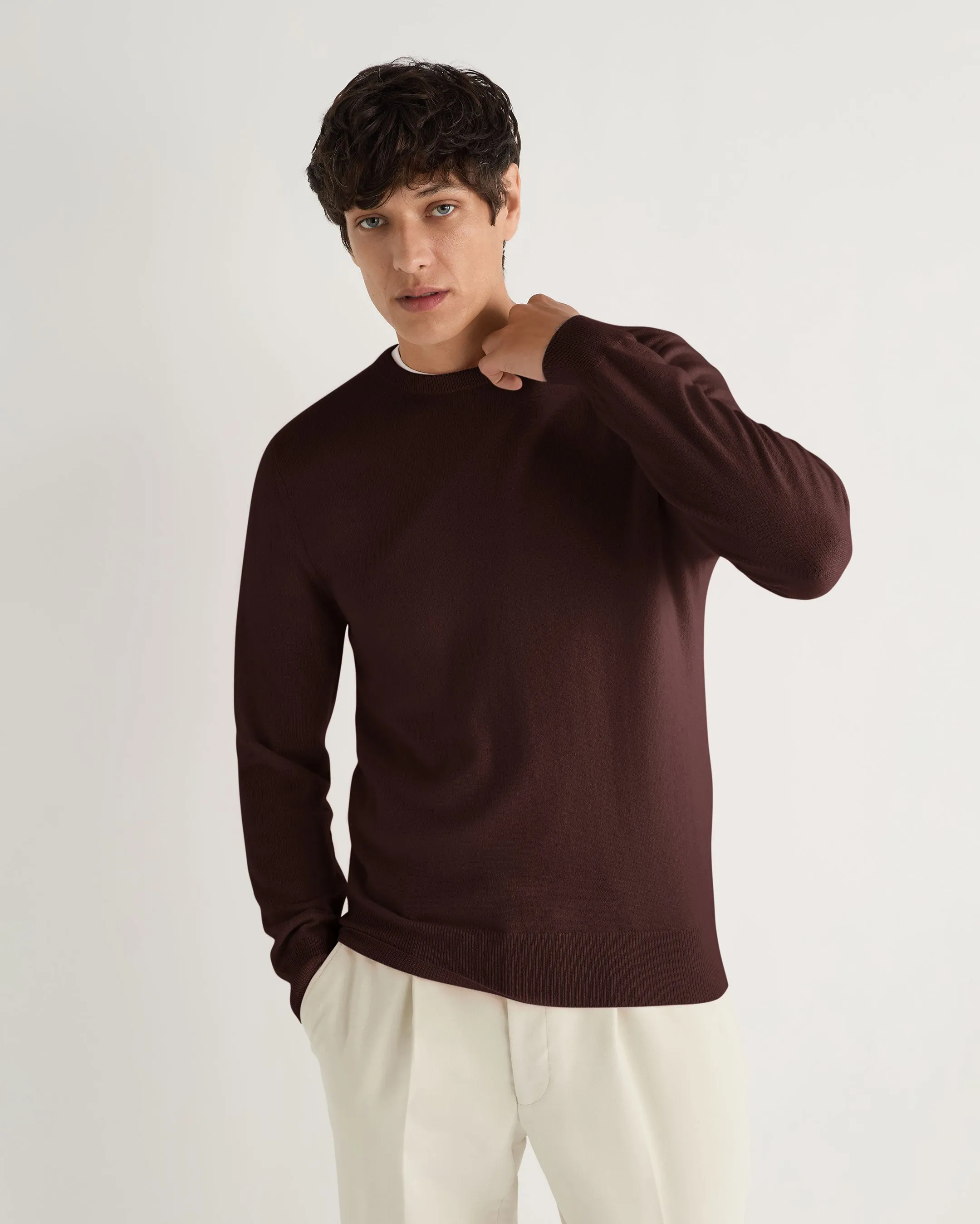 Men's Oxford Round Neck Cashmere Jumper Claret Red