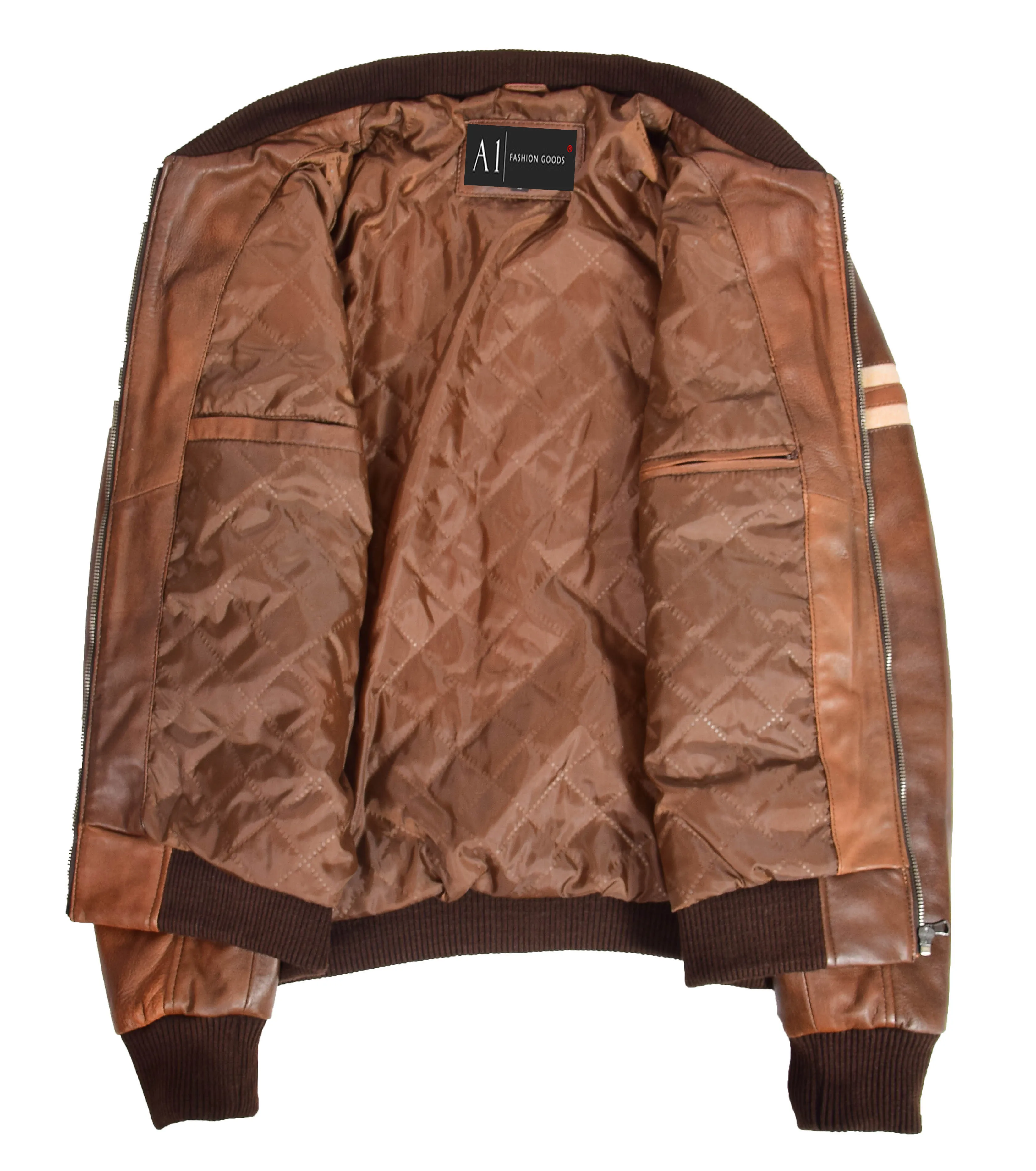 Mens Trendy Cognac Leather Bomber Jacket Fitted Removable Hood Dante