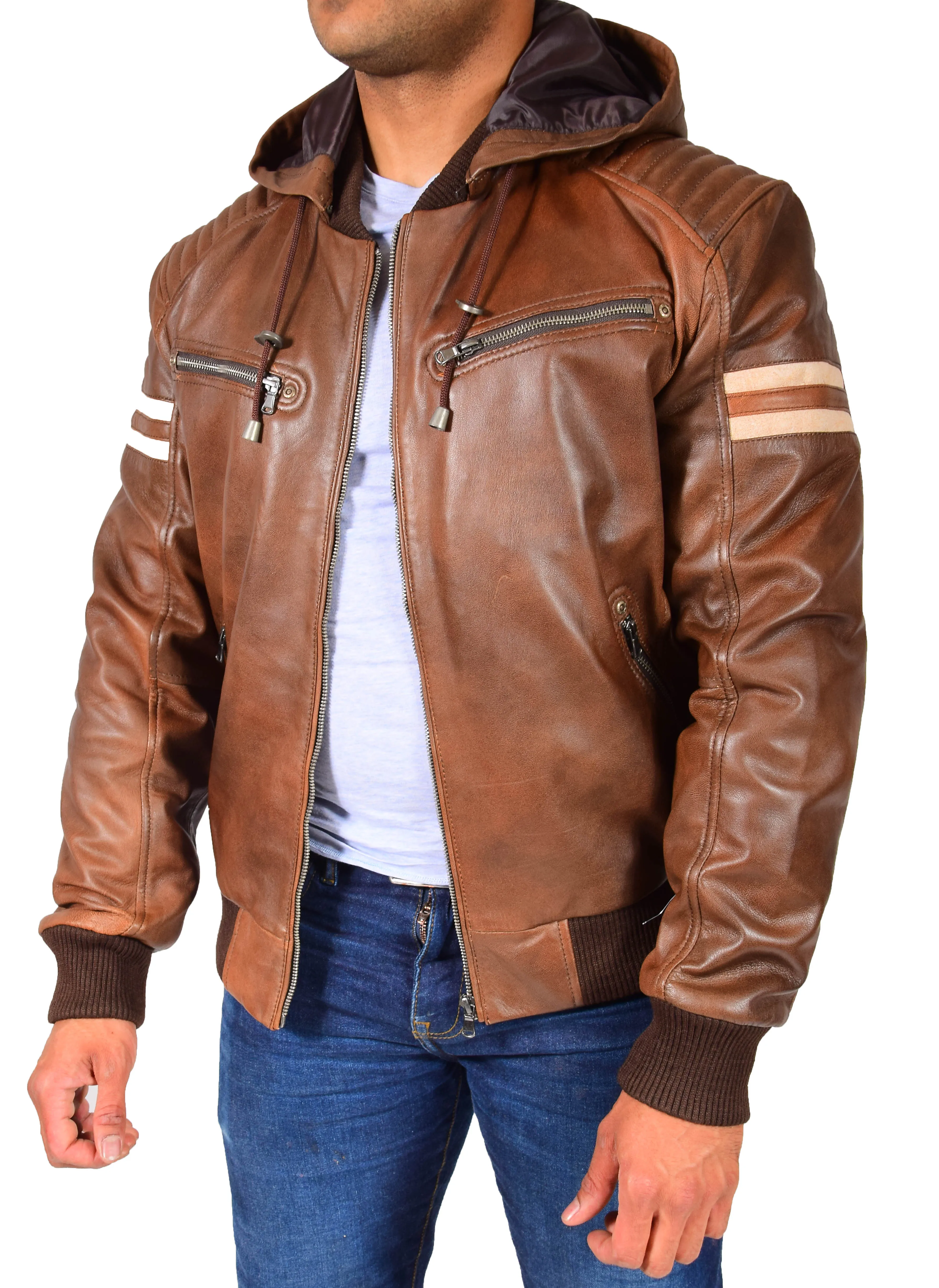 Mens Trendy Cognac Leather Bomber Jacket Fitted Removable Hood Dante